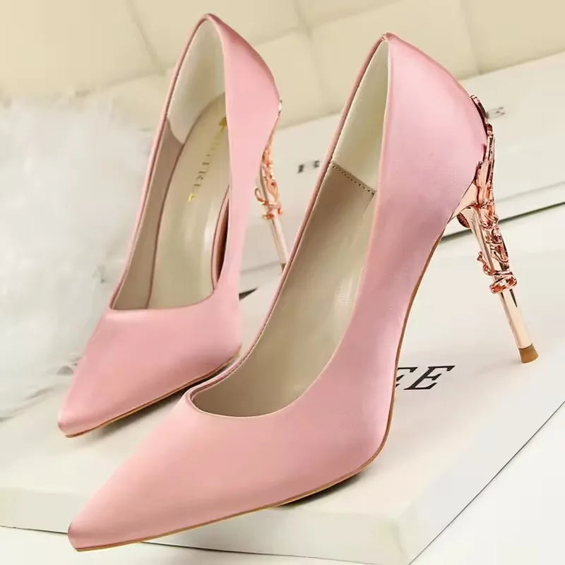 BIGTREE Shoes Women Pumps Flower Carved Metal Heel Women Shoes Fashion Wedding Shoes Satins Stilettos Heels 10 Cm High Heels