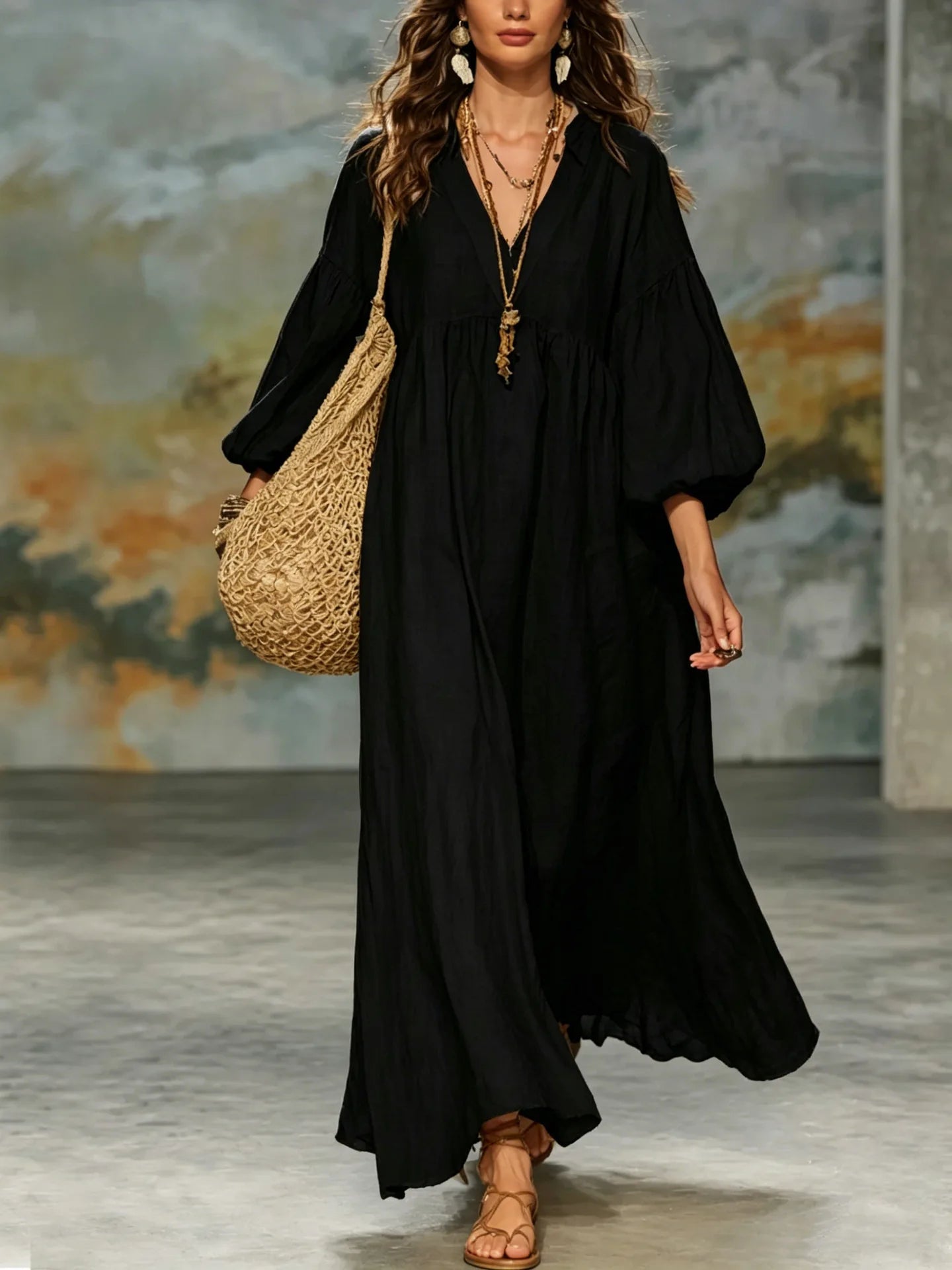 V Neck Puff Sleeve Linen Maxi Dress, Multi Color Loose Flowy Boho Dress for Women, Breathable Casual Beach Vacation Outfit