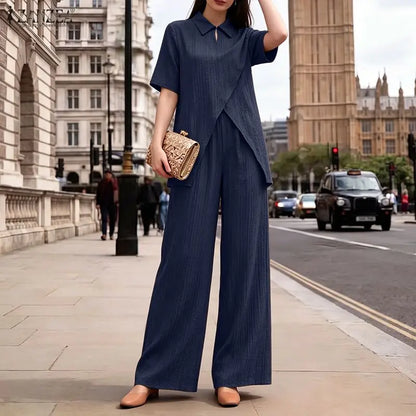 ZANZEA Fashion Summer 2 Pieces Sets 2PCS Short Sleeve Blouse Trousers Suit Women Outfits Asymmetrical Hem Tops OL Work Pant Sets
