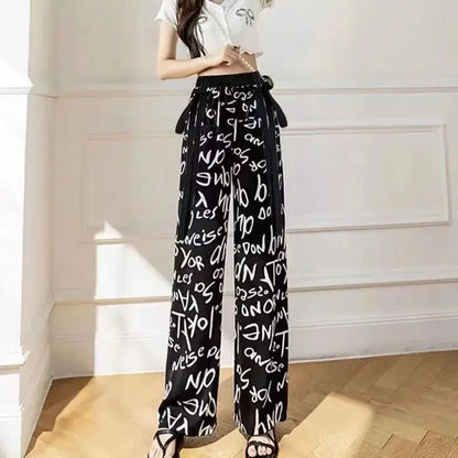 Ink Painting Printed High Waisted Wide Leg Pants for Women Summer Thin Chiffon Streamers Loose Casual Floor Mopping Pants