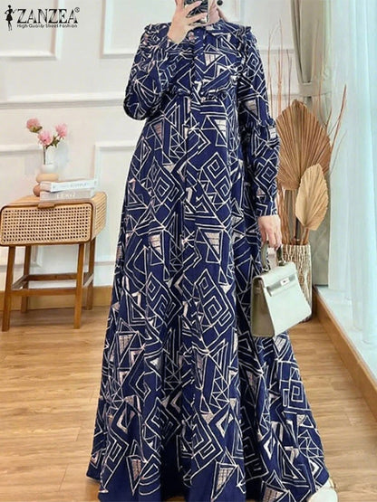 2025 Women Elegant Long Sleeve Printed Sundress ZANZEA Fashion Muslim Abaya Dress Eid Mubarek Robe Femme Turkey Kaftan Vestidos