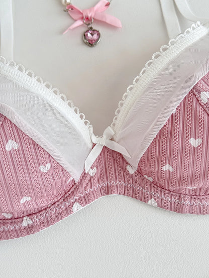 Women Pink Heart Print Lingerie Set Lace Mesh Trim Underwire Bra & Panties Soft Comfort Daily Intimates