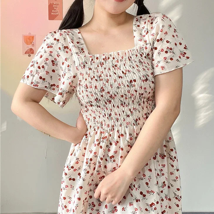 Spring Summer Elastic Waist Short Sleeve Chiffon Dress Women Casual Dresses Female Printed Floral Midi A-Line Dresses Vestidos