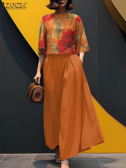 2026 ZANZEA Summer Pant Sets Fashion 2PCS Women Matching Sets O Neck 3/4 Sleeve Blouse Wide Leg Trousers Suit Casual Outfits