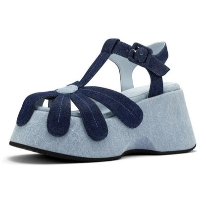 High Quality Denim Platform Sandals Women Fashion T Strap Buckle Flower Decoration Designer Shoe Summer Sexy Open Toe Beach Shoe