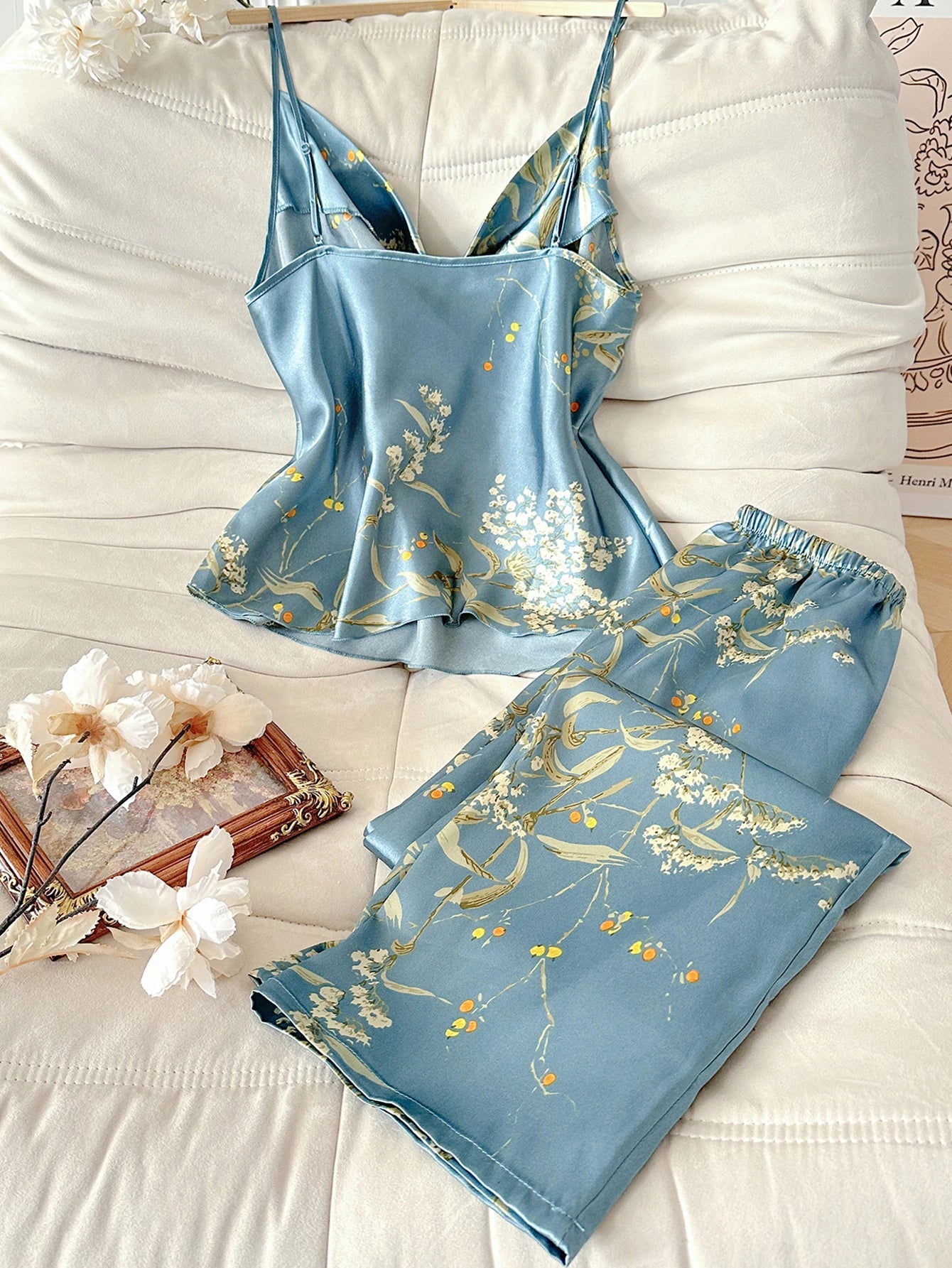 Women Cherry Print Satin Pajama Set Cowl Neck Spaghetti Strap Cami Top Long Pants 2 Piece Elegant Sleepwear Ladies Loungewear