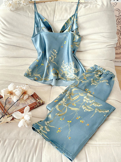Women Cherry Print Satin Pajama Set Cowl Neck Spaghetti Strap Cami Top Long Pants 2 Piece Elegant Sleepwear Ladies Loungewear