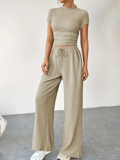 2Pcs/Set Women's Casual Sports Set Spring and Summer Basic Solid Color Slim Lady's Round Neck Short Sleeve Top and Floor Pants