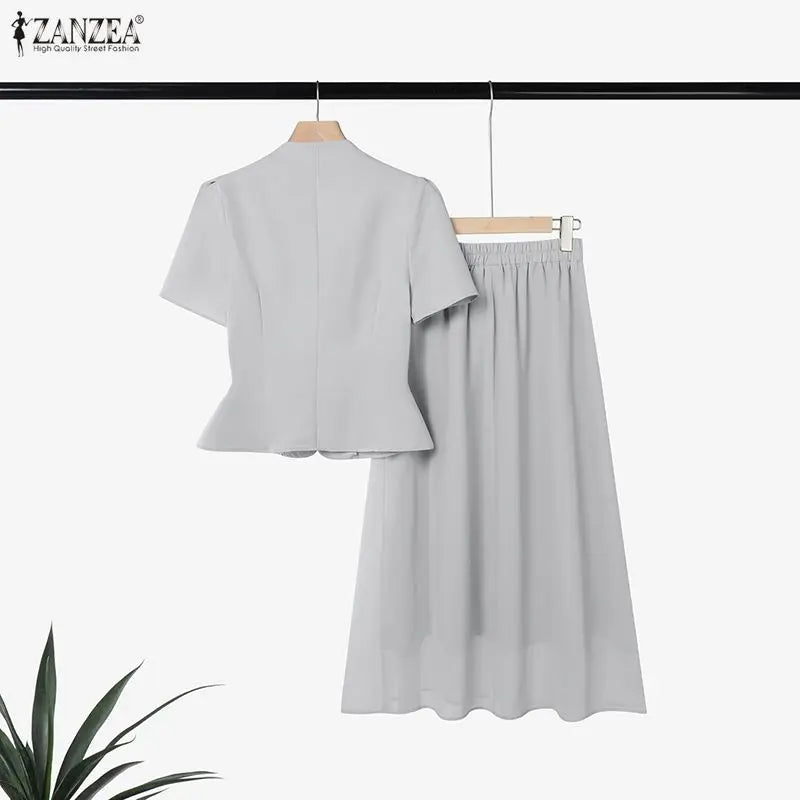 2026 ZANZEA Stylish Office OL Outfits Women Summer 2 Pieces Sets Elegant Short Sleeve Waisted Blouse Dress Sets Solid Skirt Suit