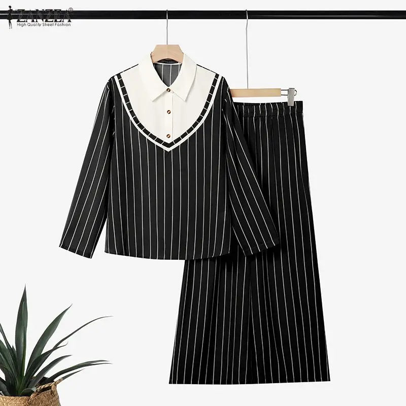 ZANZEA Women Muslim Sets 3/4 Sleeve Stripe Patchwork Turn Down Collar Blouse Elastic Waist Wide Leg Pants Office Wear 2 Pieces