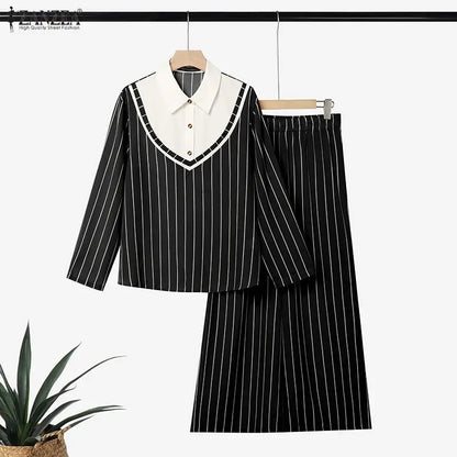 ZANZEA Women Muslim Sets 3/4 Sleeve Stripe Patchwork Turn Down Collar Blouse Elastic Waist Wide Leg Pants Office Wear 2 Pieces