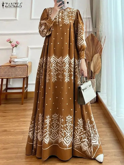 2026 ZANZEA Spring Floral Printed Dress Ramadan Muslim Abaya Dress Women O Neck Long Sleeve Sundress Islamic Robe Casual Kaftan