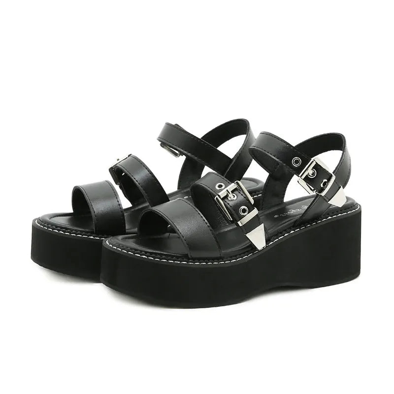 Metal Buckle Decoration Wedge Platform Sandals Women Sexy Open Toe Ankle-Wrap Roman Sandals for Girls Summer Beach Flat Sandals