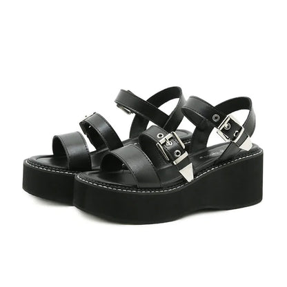 Metal Buckle Decoration Wedge Platform Sandals Women Sexy Open Toe Ankle-Wrap Roman Sandals for Girls Summer Beach Flat Sandals