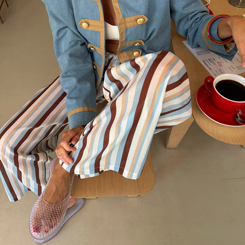 Linad Vintage Loose Stripe Drawstring Trousers Street Chic Long Pants For Woman 2026 Casual Print Wide Leg Pants With Pockets