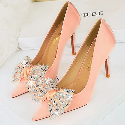 2026 Bow Knot Rhinestone Women Pumps Large Size 43 High Heels Luxury Banquet Shoes Stilettos Sexy Party Shoes Design Lady Heels
