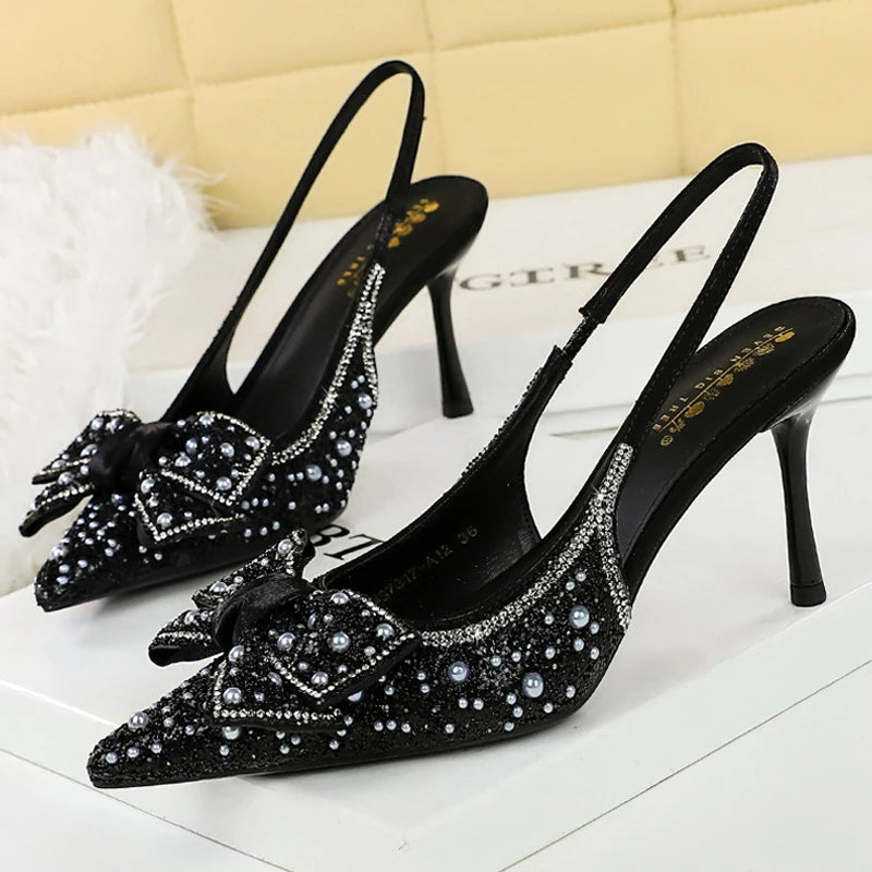 BIGTREE Shoes Sequin Fabric Women Pumps Bowknot Woman Heels Luxury Banquet Shoes Stiletto 8 cm High Heels Summer Heeled Sandals