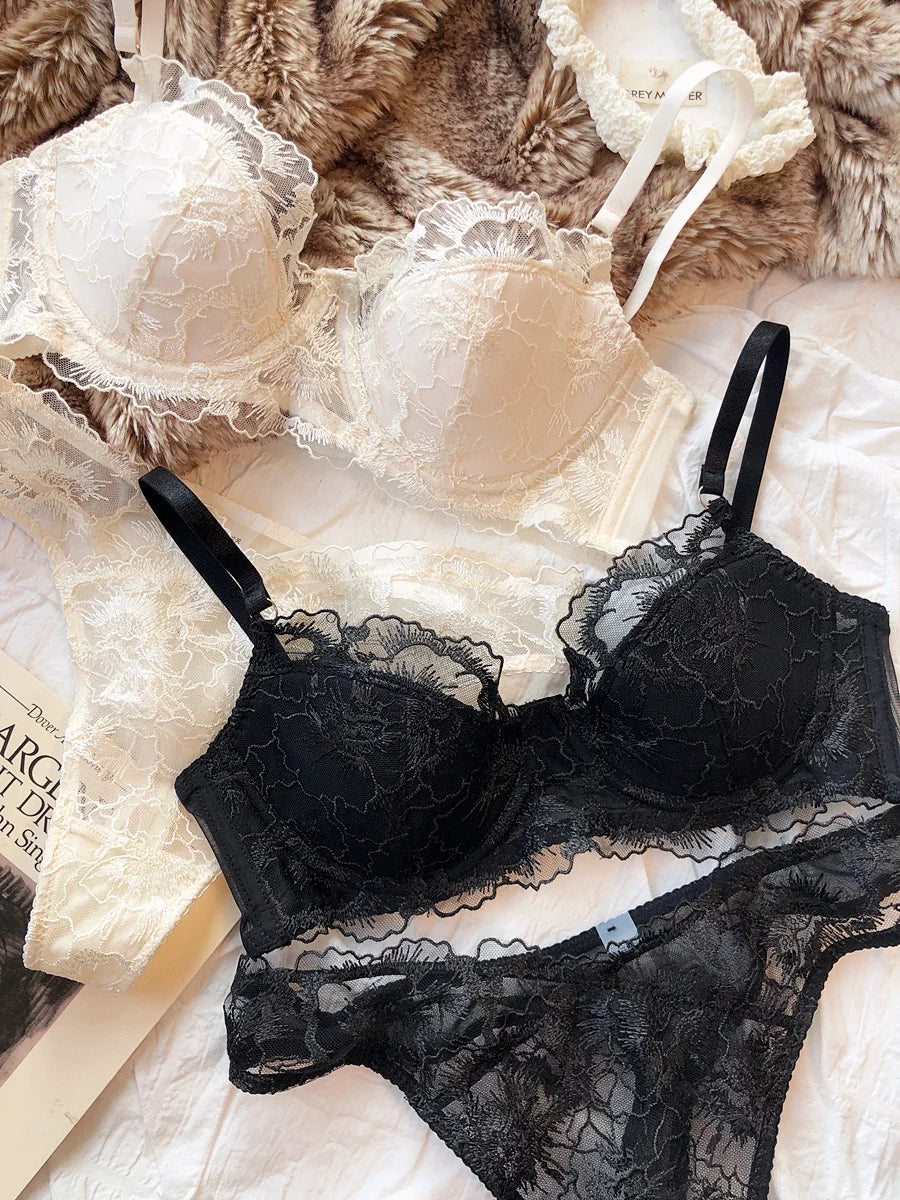 Sexy Lace Flowers Embroidery Bra Set Thin 3/4 Cup Push Up Lingerie For Women Summer Breathable Comfort Brassiere Underwear Sets