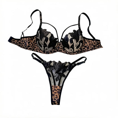 Ladies Animal Print Floral Embroidered Bra Thong Set Leopard Mesh Splice Lingerie Outfit Elegant Intimate Sleepwear ZA825183