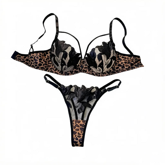 Ladies Animal Print Floral Embroidered Bra Thong Set Leopard Mesh Splice Lingerie Outfit Elegant Intimate Sleepwear ZA825183