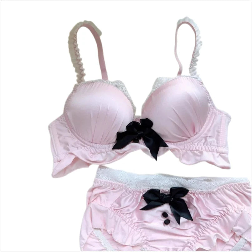 Lolita Bra Set Sweet Bow Gathering Collecting Lateral Breasts Comfortable Non-steel Ring Anti-Sagging Color Blocking Bra Set