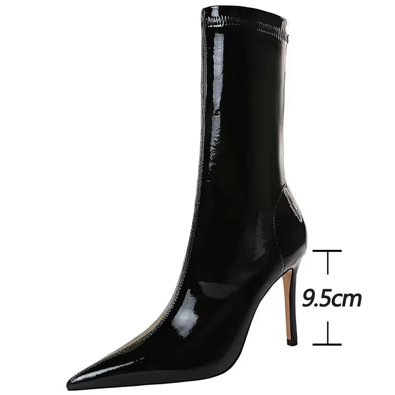 BIGTREE Shoes Patent Leather Mid-Calf Boots Women Sexy High-heel Boots Stiletto Women Elastic Leather Boots Autumn Winter Boots