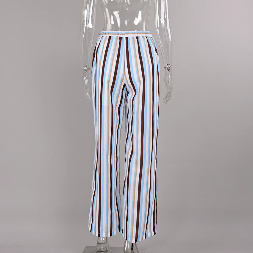 Linad Vintage Loose Stripe Drawstring Trousers Street Chic Long Pants For Woman 2026 Casual Print Wide Leg Pants With Pockets
