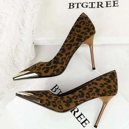 BIGTREE Shoes Leopard Women Pumps Stilettos Heels 9.5 cm Suede High Heels Metal Pointed Tip Women Heels Sexy Party Shoes ﻿Femal