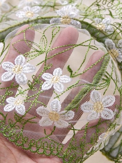 Ladies Sage Green Flower Embroidered Lace Bra Thong Set Sheer Mesh Lingerie Outfit Romantic Intimate Sleepwear ZA825194