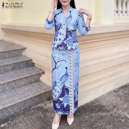 Women Bohemian Dress Sets ZANZEA Stylish Printed Outfits Elegant V Neck 3/4 Sleeve Blouse Maxi Skirt Suit Holiday 2 Pieces Sets