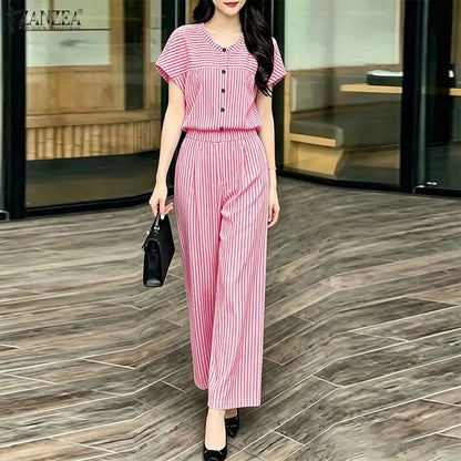 Summer Women Pant Sets Fashion ZANZEA 2PCS Stripe Two-piece Outfits Short Sleeve Tops Wide Leg Pants Streetwear Matching Sets