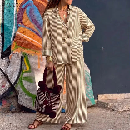 ZNAZEA Fashion Autumn Lapel Neck Long Sleeve Shirt Tops Loose Wide Leg Pant Sets Women Outfits Casual OL Work Tracksuit 2 Pieces