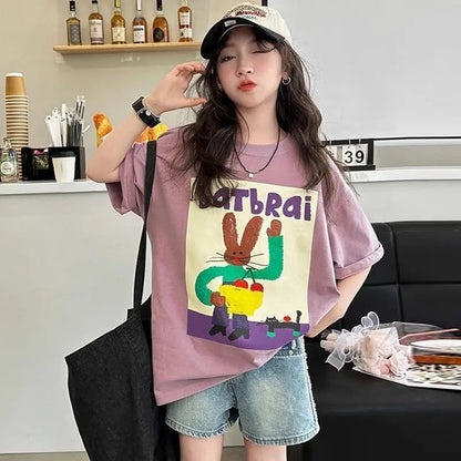 Girls Summer T-Shirt Short Sleeve 100% Cotton Kids Casual Tee 2026 New Stylish Cool Design for Big Girls Hot Weather Wear