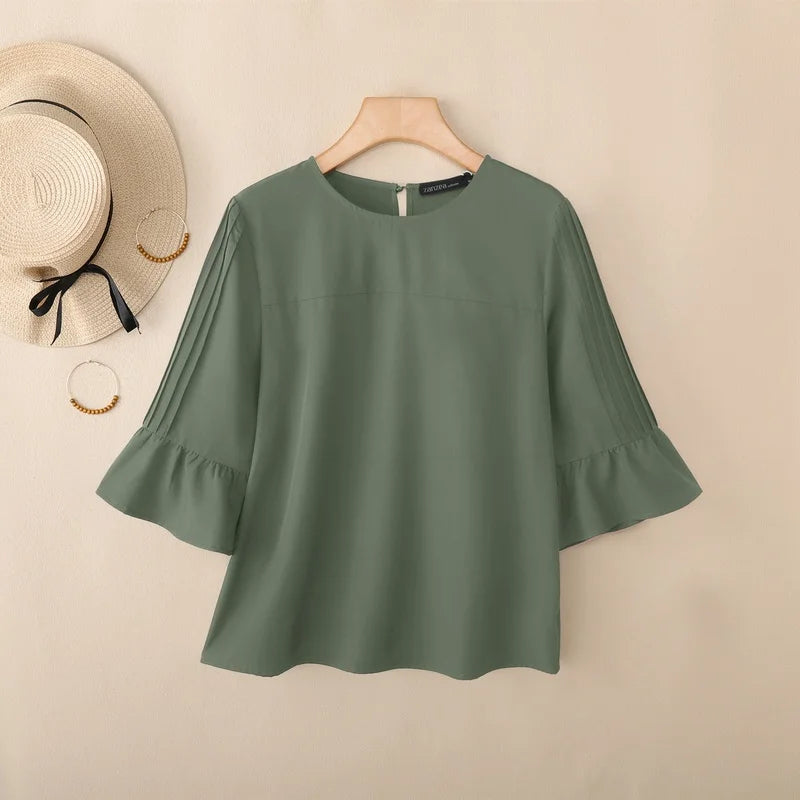 ZANZEA 2026 Woman Casual Effortless Blouses O-Neck Pintuck Detailed 3/4 Flared Sleeve Solid Color Tops Autumn Daily Blusas Mujer