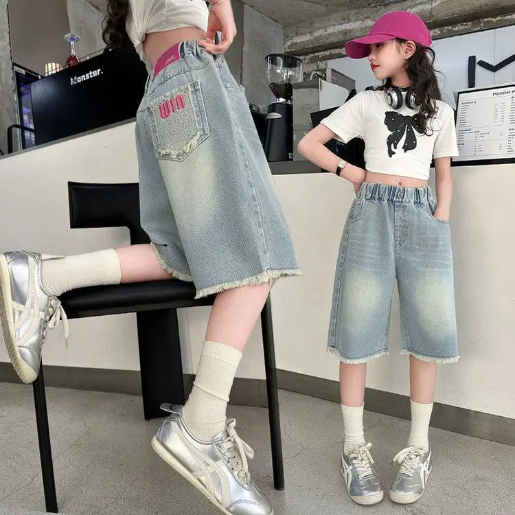 Lightweight Girls' Denim Crop Shorts 2026 Summer Loose Design with Lace Trim Kids' Cotton Blend Shorts