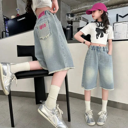 Lightweight Girls' Denim Crop Shorts 2026 Summer Loose Design with Lace Trim Kids' Cotton Blend Shorts