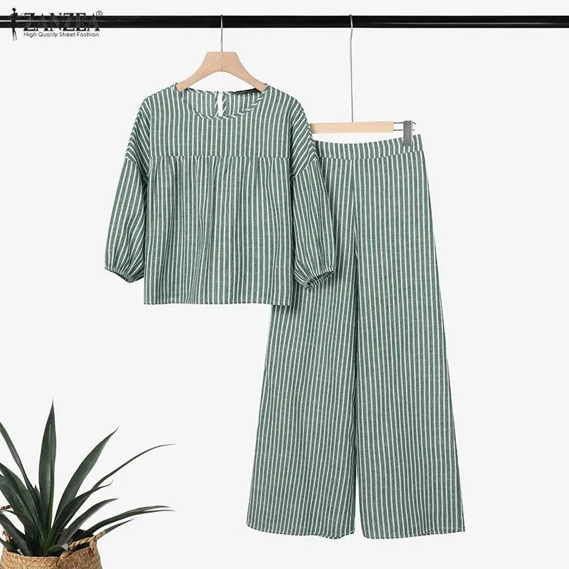 2026 ZANZEA Summer Pant Sets Women Striped Tracksuit 2 Piece Sets Short Sleeve Blouse Wide Leg Trousers Elegat OL Work Tracksuit