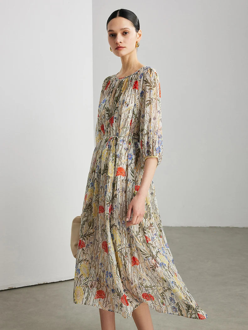 SuyaDream, Women's 100% Mulberry Silk Georgette Two-Piece Set Dress 2026 Summer New Floral Printed, Sheer Long Dress， Beige