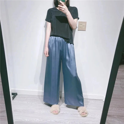 Birdsky, 1pc 100% natural Mulberry Silk Women Loose Cuts Pants Capris wide leg trousers extra size, high waist. S-39