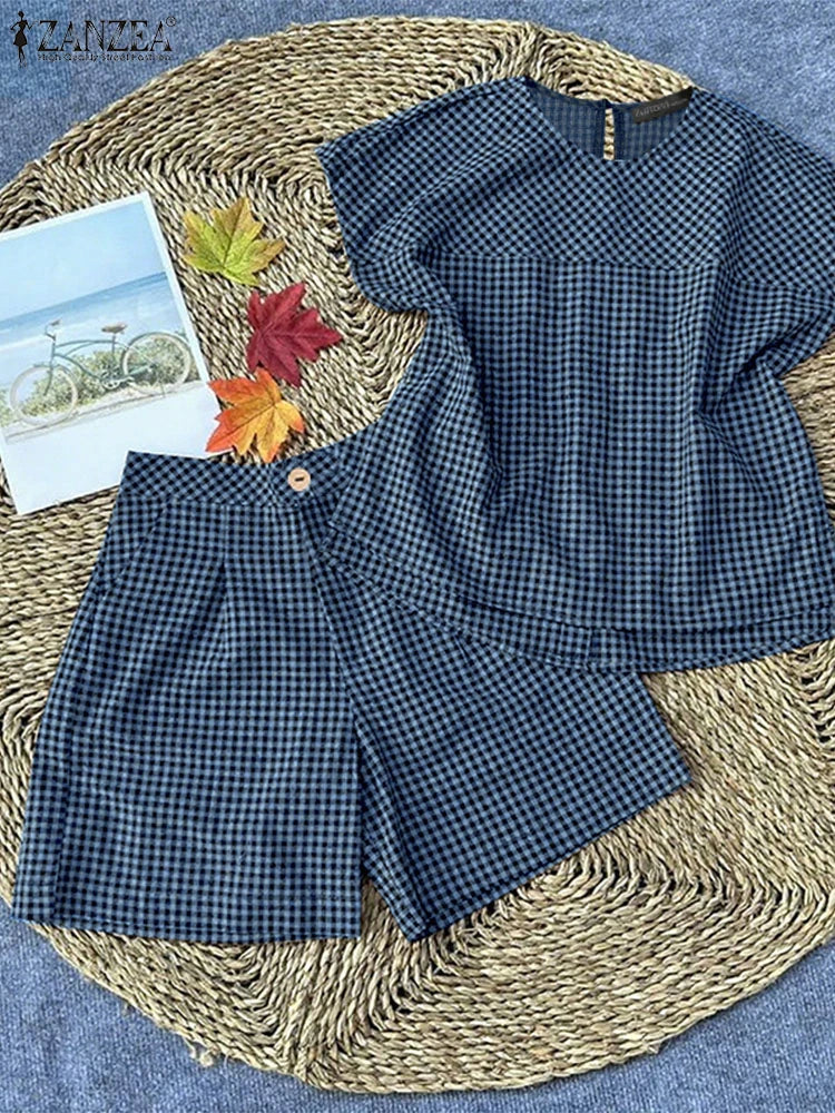 ZANZEA 2025 Vintage Short Sleeve Plaid Checked Blouses Short Sets Summer 2PCS Women Matching Sets Casual Outfits Loose Tracksuit