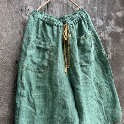 Women's Striped Linen Pants Autumn 2025 Wide Leg Vintage Style Loose Pants Pockets Breathable Woman Clothing Casual Trousers