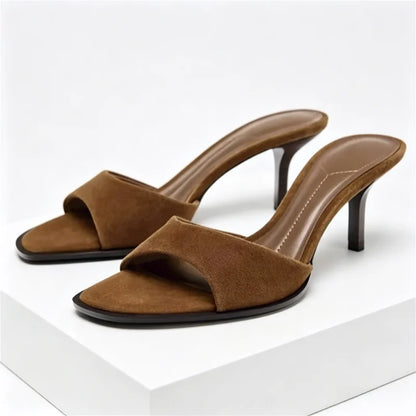 High Quality Brown Satin Slippers Women Fashion Pointed Toe Thin Heel Slide Sandals Comfort Concise Designer Shoes Zapatos Mujer