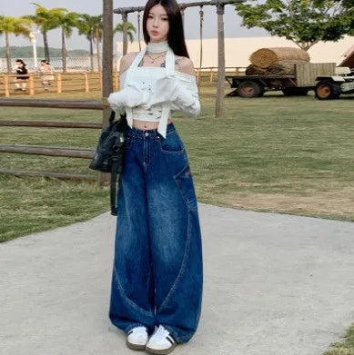Spring Plus Size Women's Clothing High Waist Loose Fit Casual Wear Wide Leg Jeans Denim Straight Cut Full Length Pants