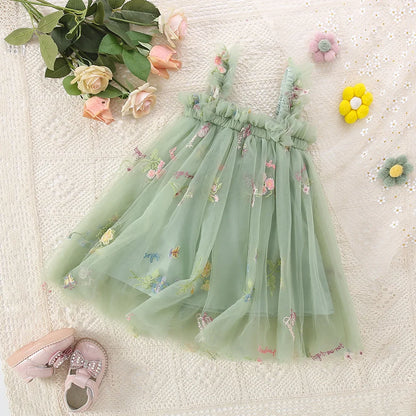 Summer New Girls Dress Halter Mesh Pleated Flower Embroidery Sweet Princess Dress Birthday Party Dress (0-3 Years Old Girls)