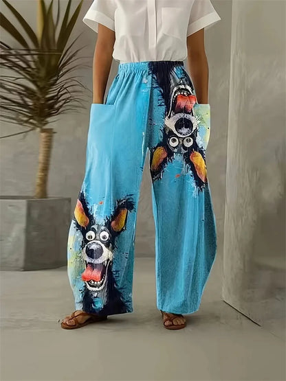 Women's Large Size Cartoon Cat Loose Wide-legged Pants Fall And Winter Casual Elastic Waist Pants Home Large Size Women Clothing