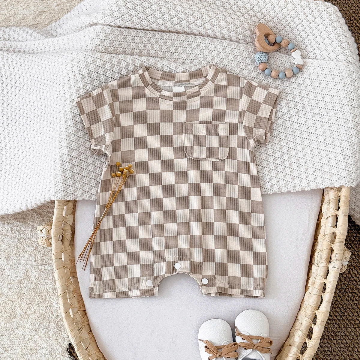 Summer Hot Newborn Baby Girl Clothes Summer Romper Sleeved Home Clothing Jumpsuit Chessboard pattern Toddler Bodysuit
