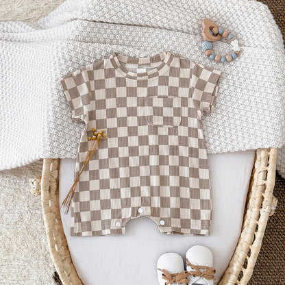 Summer Hot Newborn Baby Girl Clothes Summer Romper Sleeved Home Clothing Jumpsuit Chessboard pattern Toddler Bodysuit