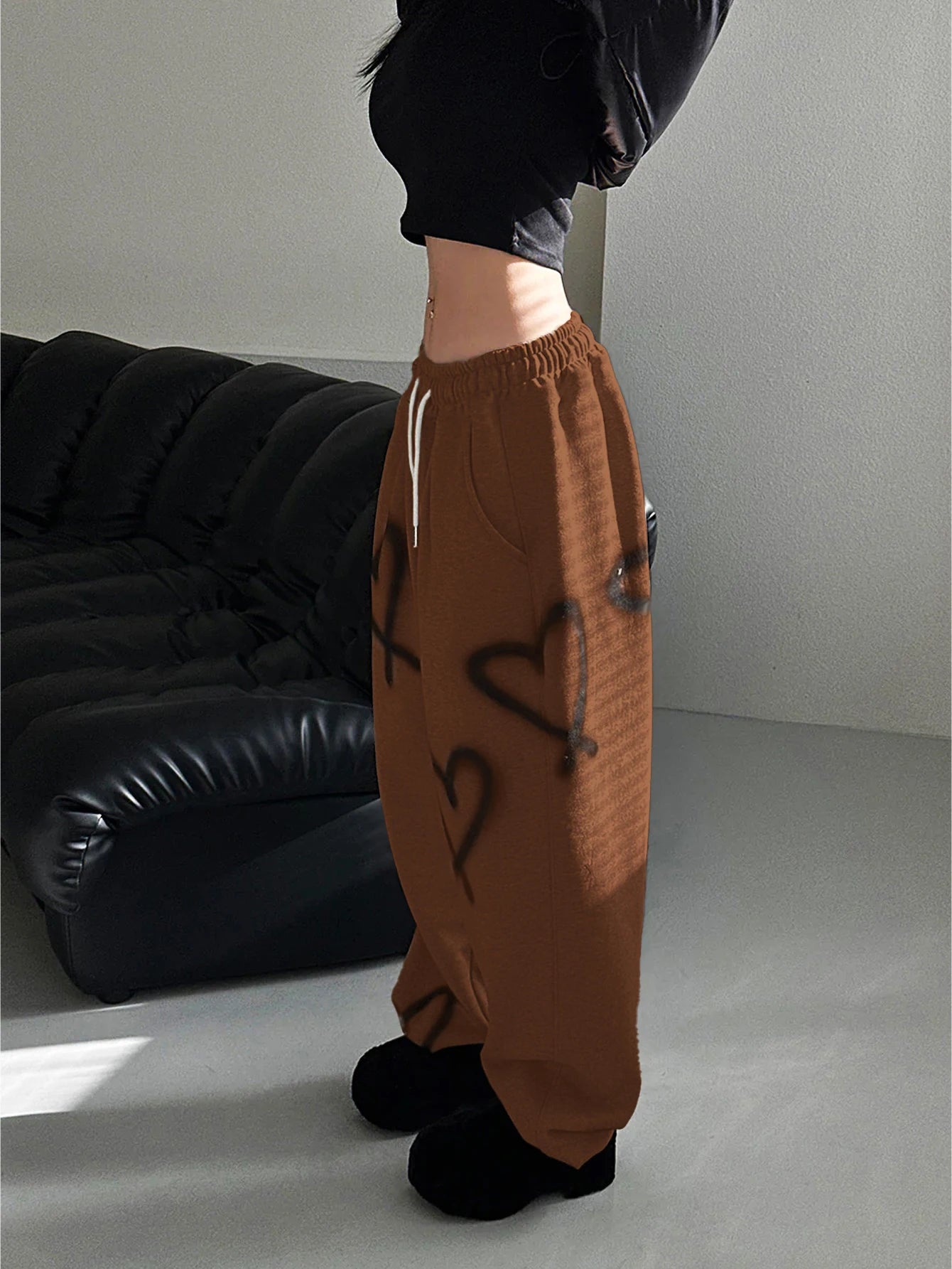 Women's Random Heart Print Drawstring Waist Sweatpants Y2k Pants Wide Leg Sweatpants