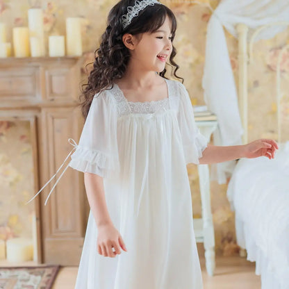 Girls Princess Long Nightgown Short Sleeve Lace Mesh Spring Summer Homewear Matching Family Pajamas Set