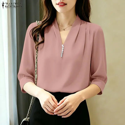 ZANZEA Women Sophisticated Pearls Detail Blouses V-Neck Pleated 3/4 Puff Sleeve Solid Color Tops Office Elegant Blusas de Mujer